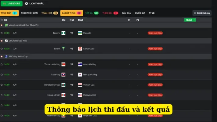 Thông báo lịch thi đấu và kết quả